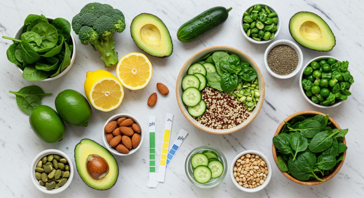 Alkali detoks pH dengesi alkalileştiren gıdalar yeşil sebzeler limon avokado kinoa beslenme planı