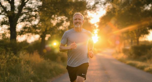 andropoz döneminde sabah yürüyü?ü yapan orta ya?l? erkek, güne? ?????nda dengeli ve sa?l?kl? ya?am tarz?n? temsil ediyor