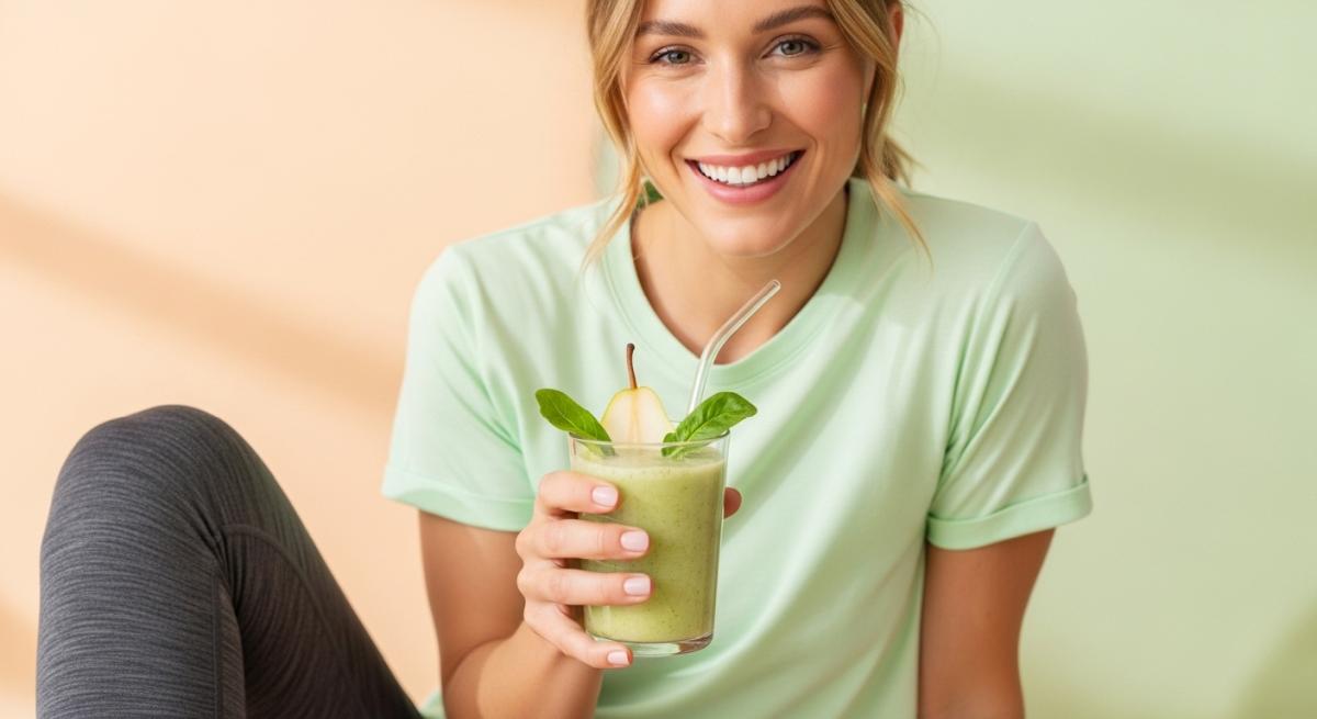 Armutlu Detoks Smoothie Beyaz Tenli Kadin Pastel Arka Plan