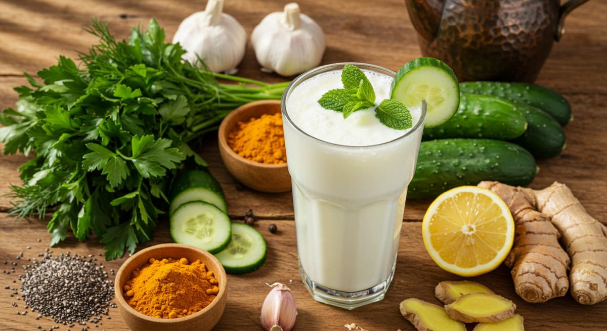 yran detoksu tarifi için taze nane maydanoz ve salatalıkla süslenmiş geleneksel Türk içeceği ahşap masa üzerinde doğal malzemelerle