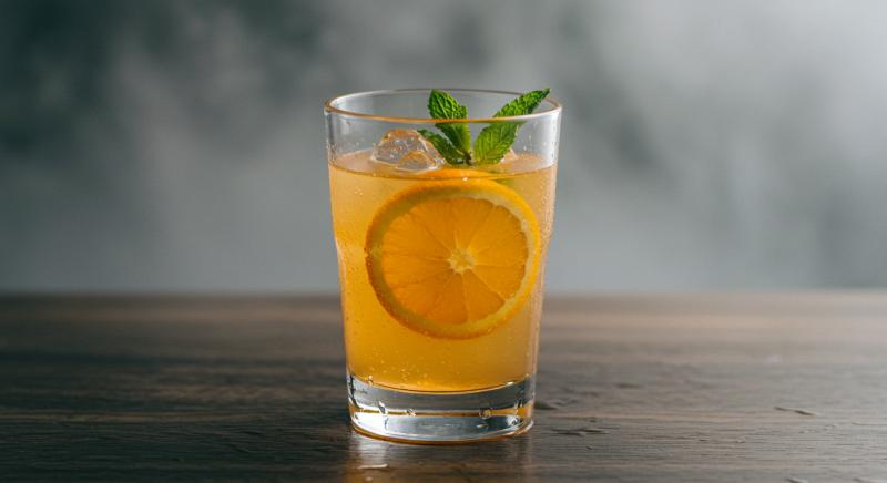 Cam Bardak Portakalli Su Nane Yapragi Sisli Fon