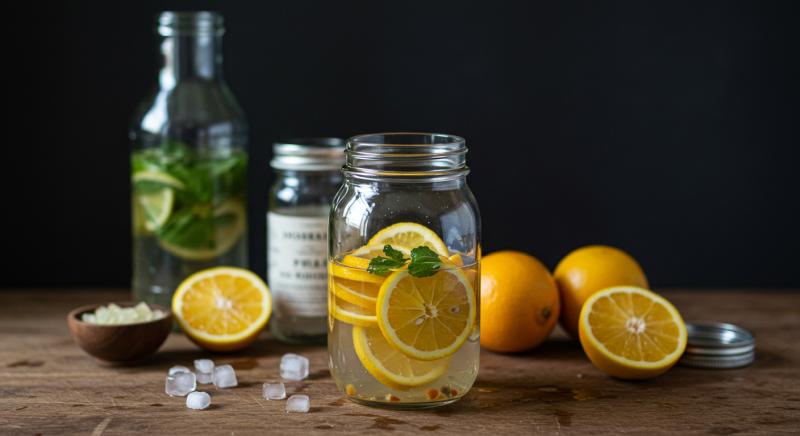 Cam Kavanoz Infused Water Malzemeler Bulanik Arka