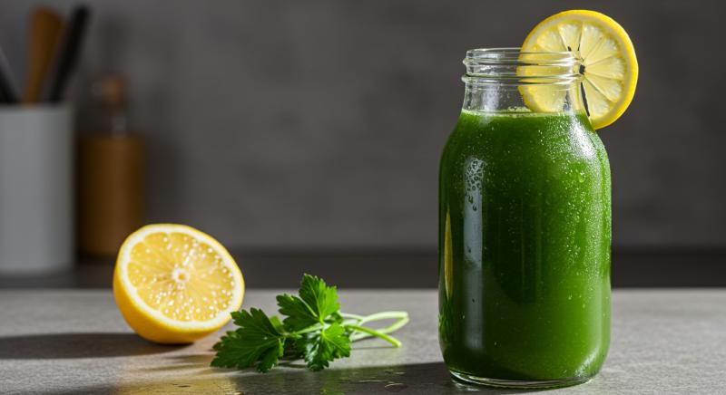 Cam Sise Taze Yesil Detoks Suyu Limon Dilimi