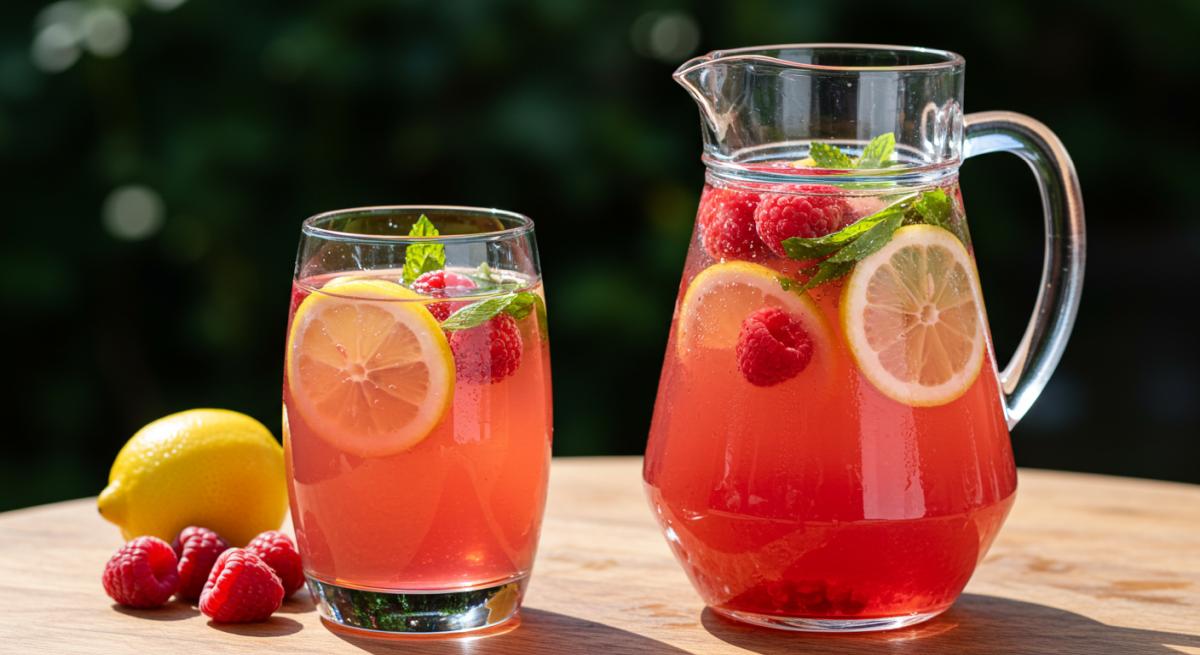 Cam sürahi ahududu detoks suyu taze ahududu ve limon dilimleri ile