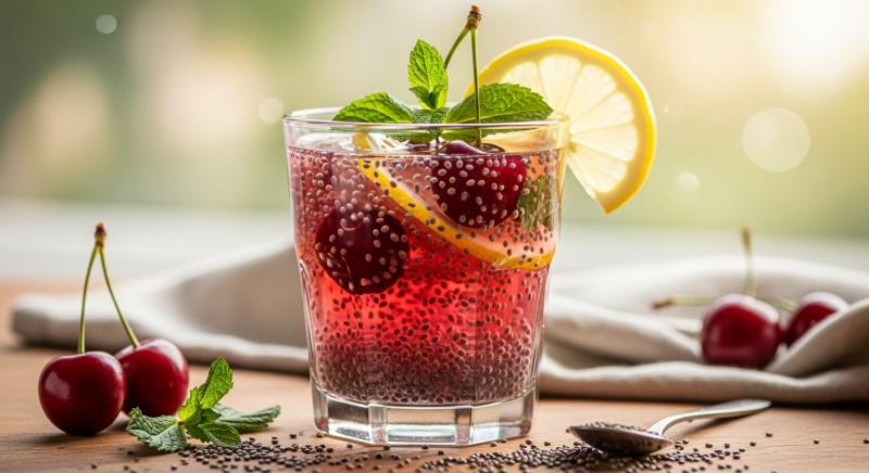 Chia Tohumlu Kirazli Detoks Icecegi Tazelik Bokeh Dogal Isik Gorseli