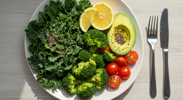 Detoks diyetinde yenen sağlıklı öğün tabağı kale salatası buharda brokoli avokado organik sebzeler temiz beslenme