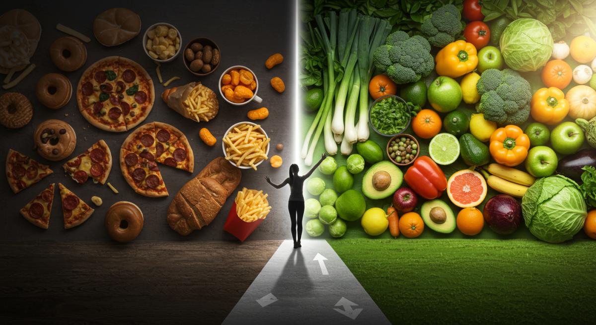 Sağlıksız fast food ve sağlıklı detoks besinleri arasında bölünmüş görsel - Detoks diyeti yaşam tarzı değişimi öncesi sonrası karşılaştırma transformasyon konsepti