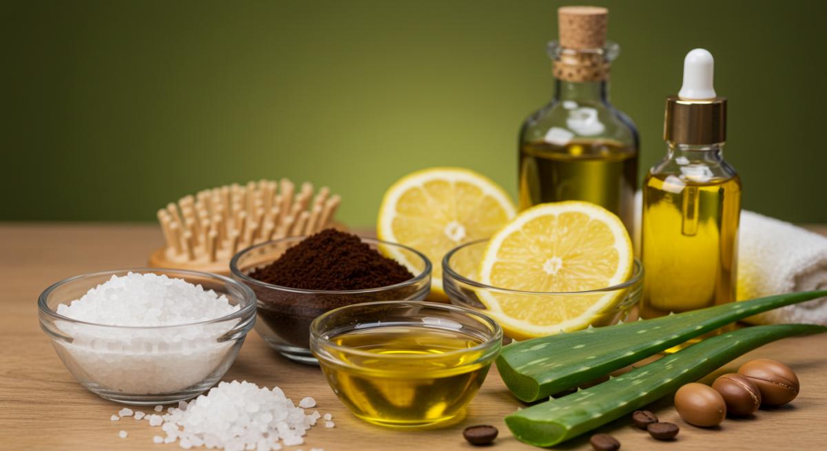 Doğal saç derisi peeling malzemeleri — deniz tuzu, kahve telvesi, limon dilimleri, zeytinyağı, aloe vera ve argan yağı ile hazırlanmış spa tarzı bakım sahnesi. Evde saç derisi temizliği ve detoksu için doğal içeriklerle sağlıklı, parlak saçlara vurgu yapan estetik düz bir yerleşim fotoğrafı.