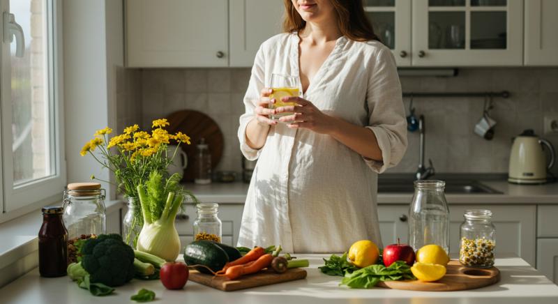 do?um sonras? detoks için sa?l?kl? besinler ve bitkisel içeceklerle haz?rlanan dengeli masa düzeni