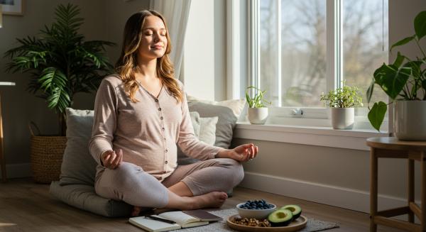 zihinsel ve ruhsal detoks için sakin bir ortamda meditasyon yapan anne