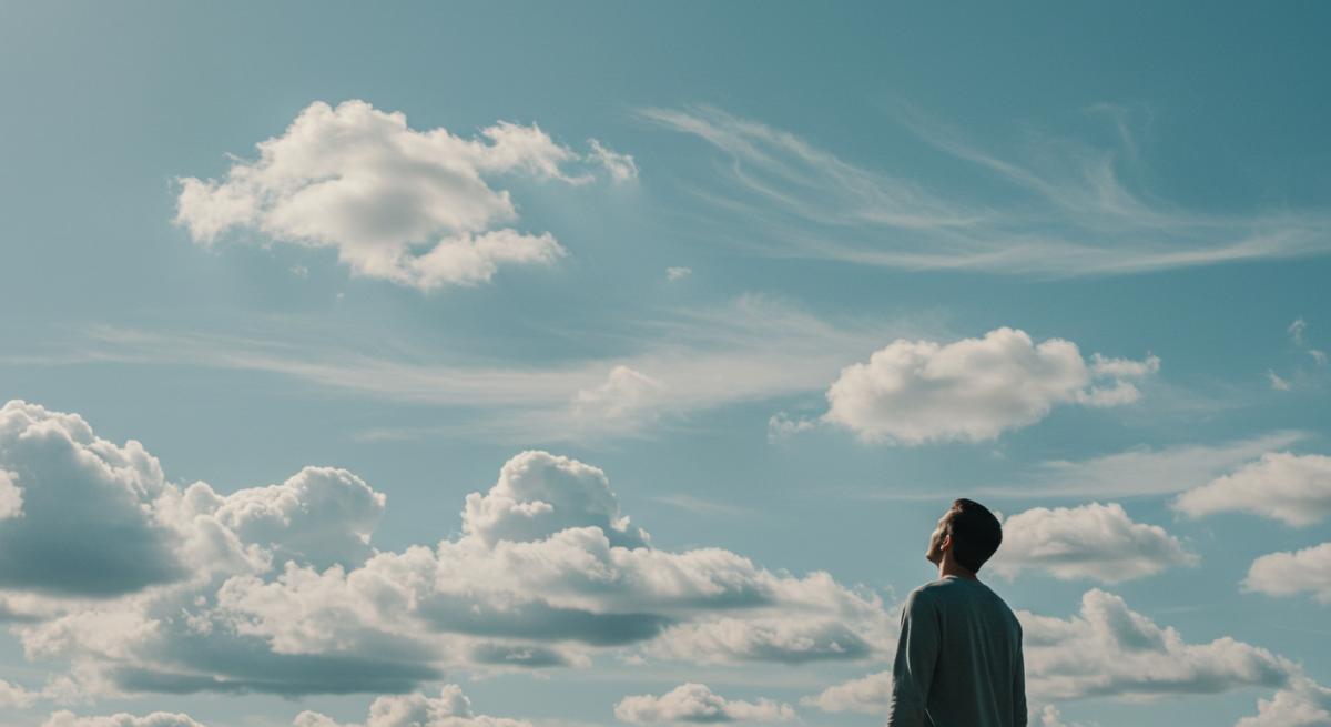 Chemtrail detoksu konseptinde gökyüzüne bakan kişi, temiz hava ve atmosferik arınma temalı profesyonel çevre ve sağlık fotoğrafı