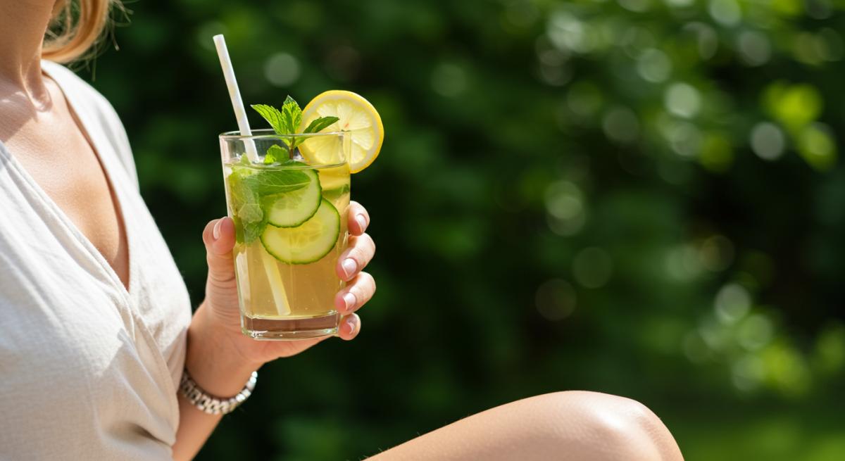 Yaz detoksu konseptinde ferahlatıcı içecek ile sıcak havalarda arınmayı temsil eden kişi, limonlu su ve yeşillikler eşliğinde doğal ışıkta sağlıklı yaşam fotoğrafı