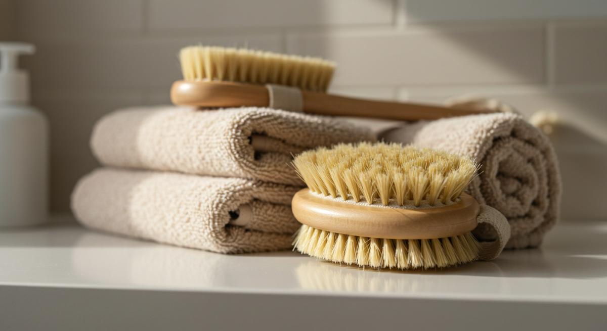 Lenfatik sistem detoksu için kuru fırçalama yöntemi temalı doğal spa ortamı, bitkisel fırça ve havlularla sağlık ve bakım konseptli profesyonel fotoğraf