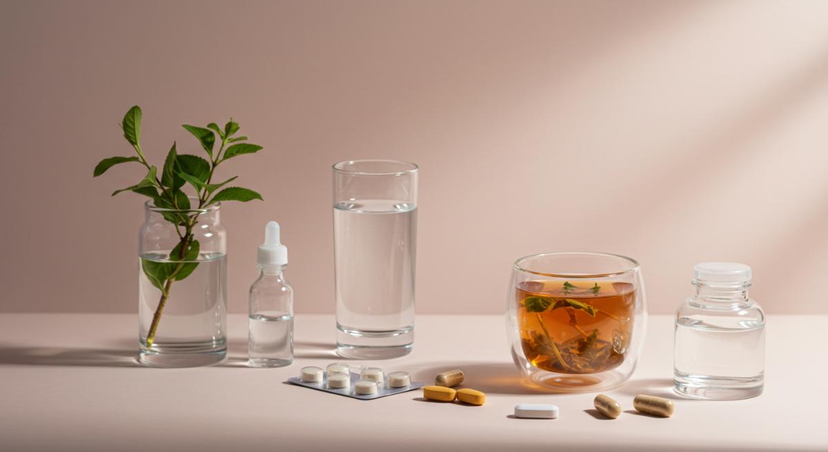 Aşı sonrası vücut destek rehberi konseptinde vitaminler, bitki çayı ve suyla bağışıklık güçlendirme temalı profesyonel sağlık ve wellness fotoğrafı