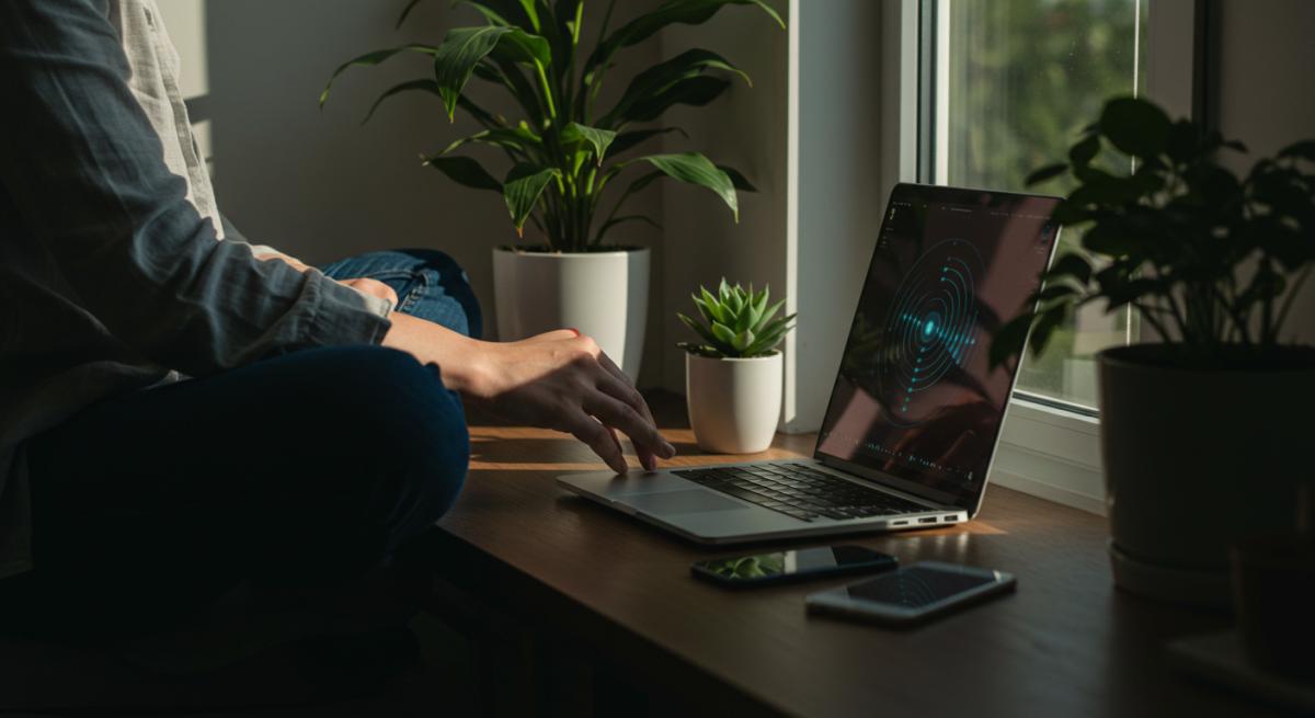 EMF detoks ve elektromanyetik yükten arınma konseptinde dijital cihazlardan uzak, bitkiler ve doğal ışıkla çevrili huzurlu ortamda rahatlayan kişi temalı profesyonel wellness fotoğrafı