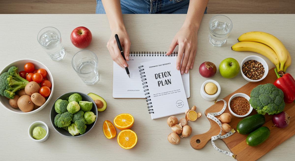 Detoks hataları ve çözümleri temasında sağlıklı besinlerle düzenli mutfak ortamı, not defteriyle plan yapan kişi ve doğal ışıkta profesyonel sağlık ve yaşam fotoğrafı