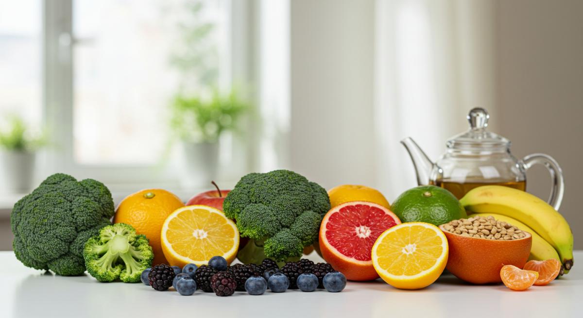 Hava kirliliğine karşı koruyucu beslenme rehberi temasında antioksidan açısından zengin meyve ve sebzeler, yeşil çay ve doğal ışıkla sağlık odaklı profesyonel yaşam fotoğrafı