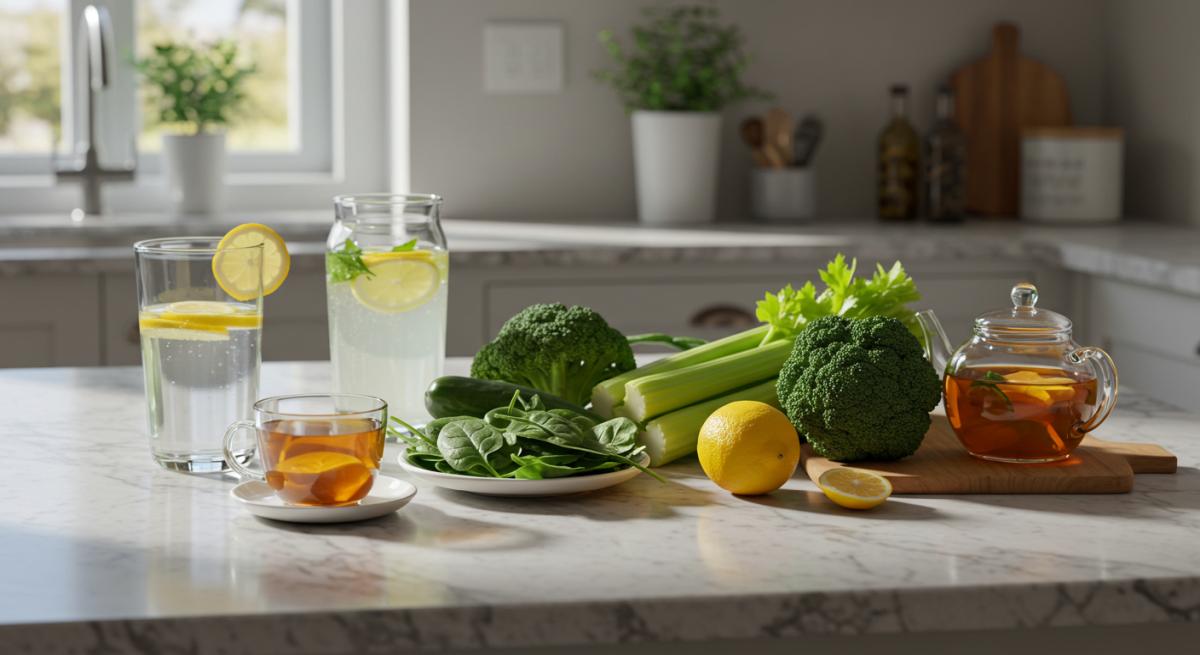 Endometriozis detoksu ve östrojen dengesi konseptinde modern mutfakta yeşil sebzeler, limonlu su ve bitki çayıyla hazırlanmış doğal sağlık temalı gerçekçi profesyonel görsel