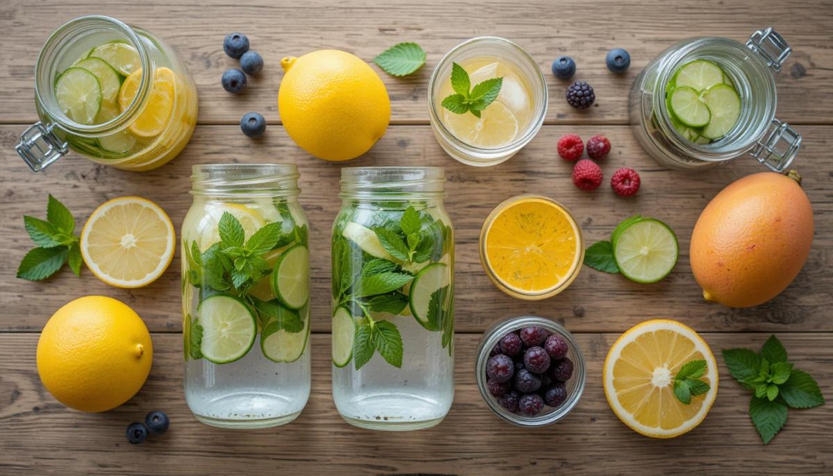 Detoks suyu malzemeleriyle hazırlanan doğal ödem atıcı karışım — limon, salatalık, nane, mango ve yaban mersini cam kavanozlarda ahşap masa üzerinde, sağlıklı yaşam konsepti.