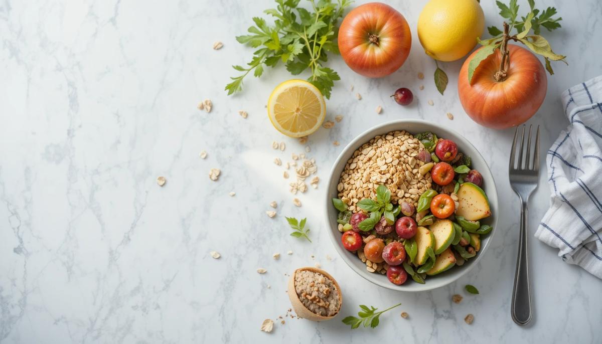 Sağlıklı kilo verme diyet planı için taze meyveler, sebzeler ve limonlu suyla hazırlanmış masa düzeni