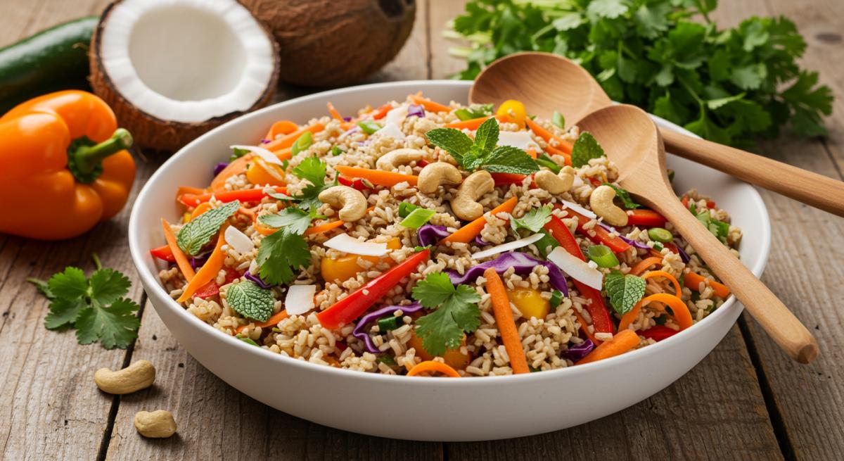 Hindistancevizli esmer pirinç salatası - Renkli sebzeler, hindistancevizi ve kuruyemişlerle hazırlanmış sağlıklı ve tok tutan salata tarifi