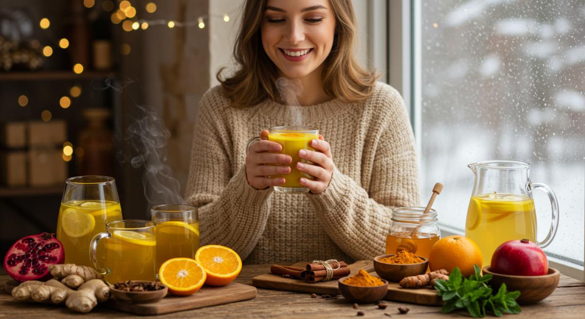 Kışın evde hazırlayabileceğiniz sıcak detoks içecekleri zencefil limon elmalı tarçınlı detoks suyu tarifleri ahşap masa üzerinde