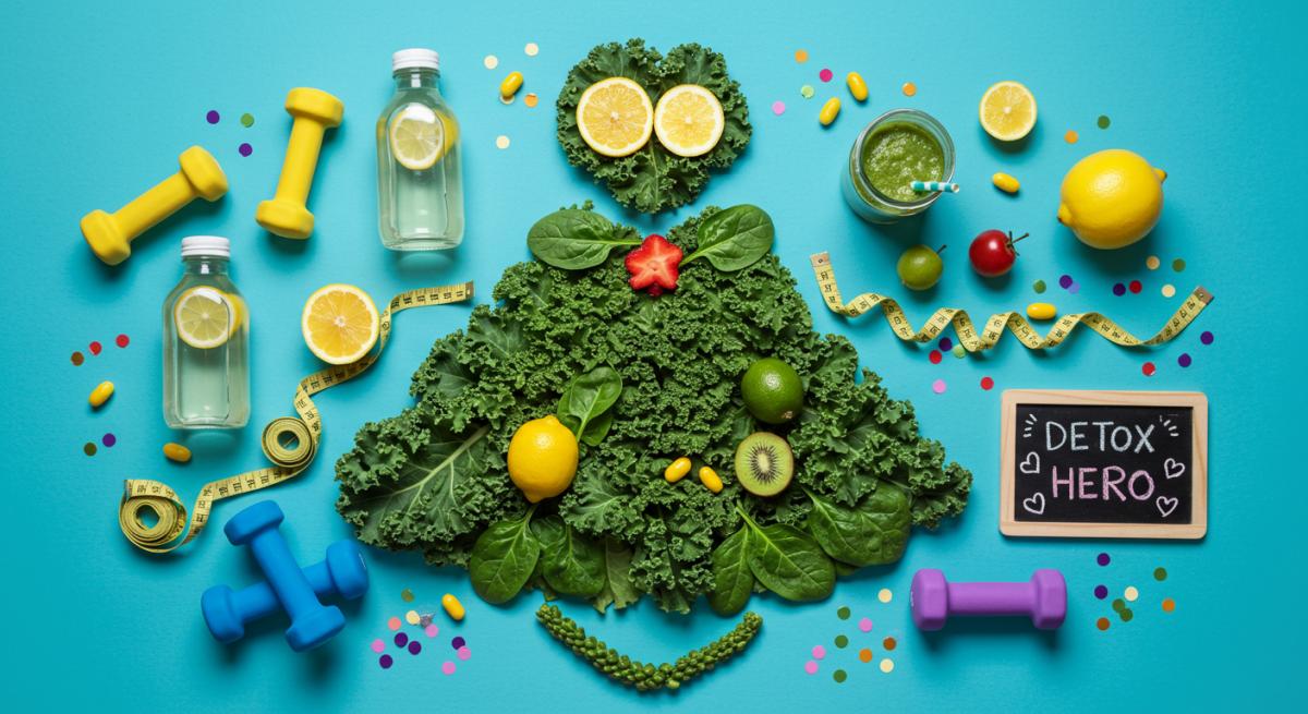 Yeşil sebzelerden yapılmış süper kahraman pelerini ve renkli detoks besinleri - Kolay uygulanabilir 7 günlük evde detoks diyeti programı eğlenceli konsept görseli