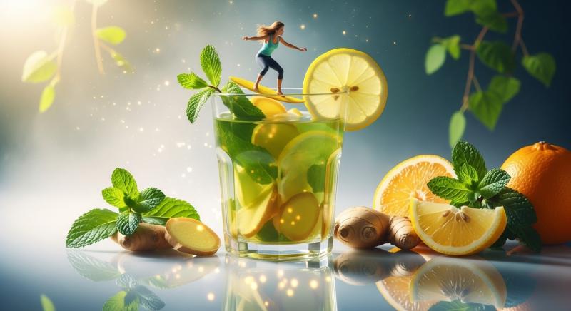 Limonlu Detoks Icecegi Ustunde Sorf Yapan Minyatur Kadin Gorseli