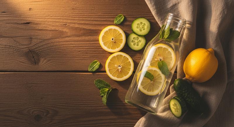 Limonlu Detoks Suyu Rustik Aksamustu Flatlay Farkli Acili Gorsel