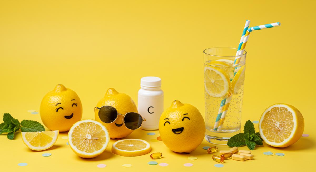 Gülen yüzlü taze limonlar ve limonlu detoks suyu bardağı parlak sarı zemin üzerinde - C vitamini deposu limonun sağlık faydaları ve neşeli yaşam konsepti