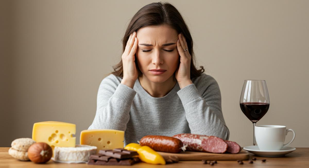 Migren baş ağrısı çeken kadın şakaklarını tutarken, önünde peynir, çikolata, şarap ve işlenmiş et gibi migreni tetikleyen yiyecekler