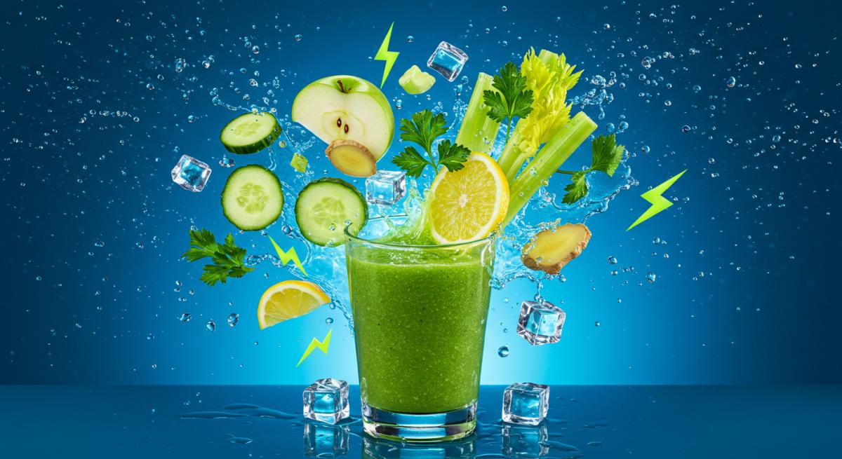 Yeşil detoks smoothie bardağından patlayan taze sebze ve meyveler dramatik ışıklandırmayla - Ödem attırıcı ve su tutmasını önleyen güçlü diüretik smoothie tarifi viral görsel