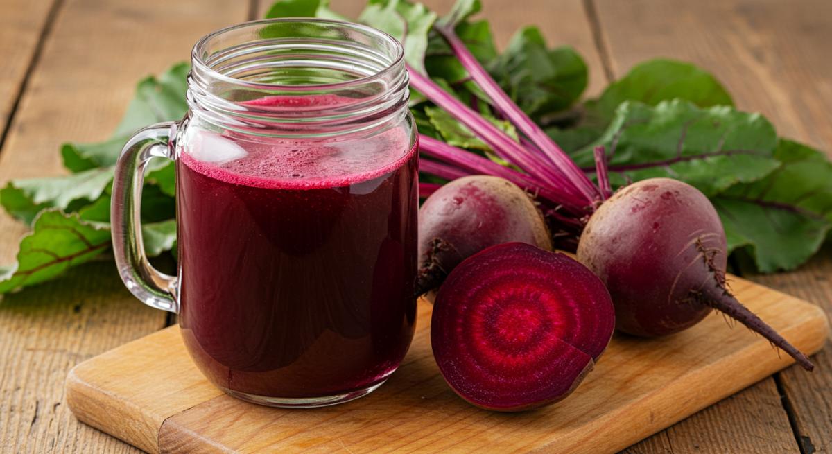 Taze pancar suyu cam kavanozda, yanında bütün ve dilimlenmiş kırmızı pancarlar ahşap masa üzerinde - Kan yapıcı doğal içecek