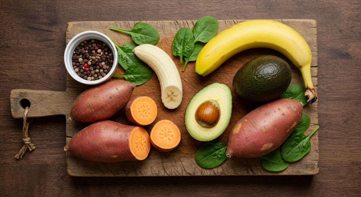 Potasyum açısından zengin besinler muz avokado ıspanak ahşap tabla üzerinde