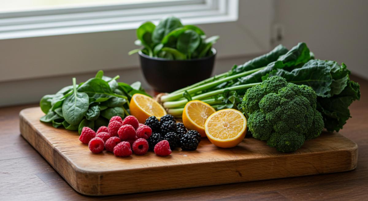 Detoks diyeti için taze organik sebze ve meyveler ahşap tabla üzerinde doğal ışık