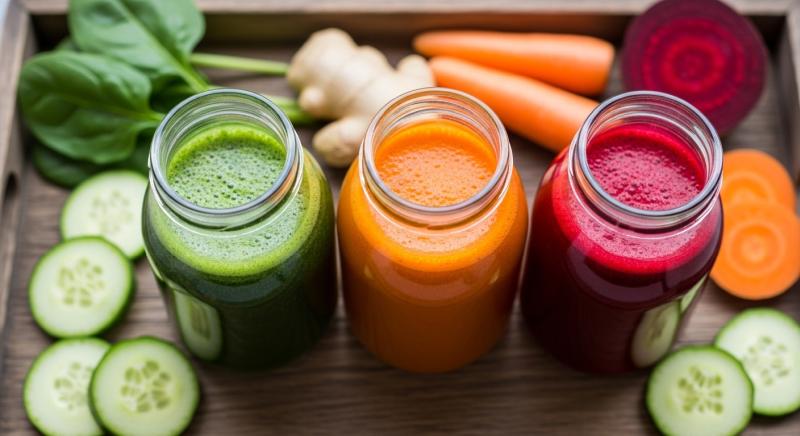 Sebze Suyu Detoksu Uc Renkli Sise Taze Sebzeler Ahsap Tepsi