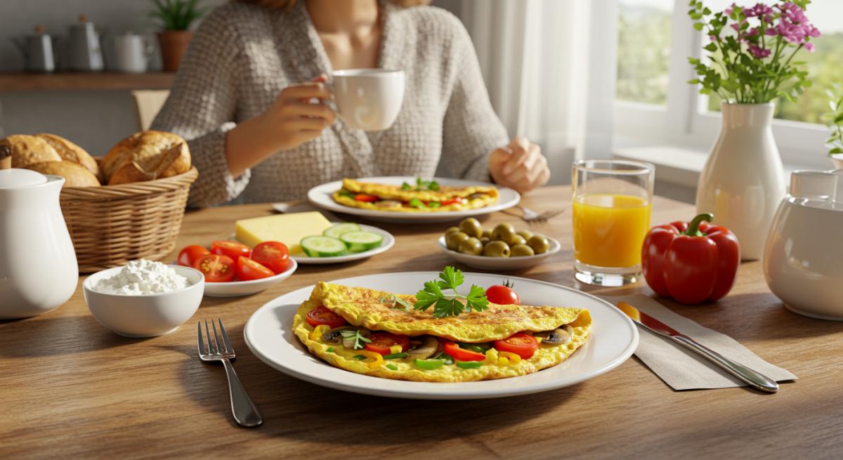 Sebzeli omlet tarifi renkli sebzeler ve peynirle hazırlanmış protein açısından zengin kahvaltılık tabakta servis edilmiş