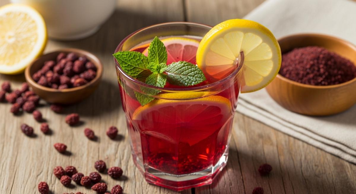 Sumak Suyu Kirmizi Icecek Naneli Limonlu Cam Bardakta