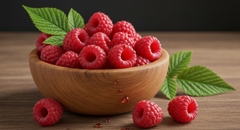 Taze Ahududu Meyveler Ahsap Kase Yesil Yapraklar