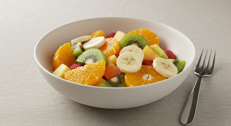 Taze Meyve Salatasi Muz Kivi Portakal Seramik Kase