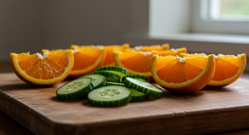 Taze Portakal Salatalik Ahsap Tabla Bulanik Fon