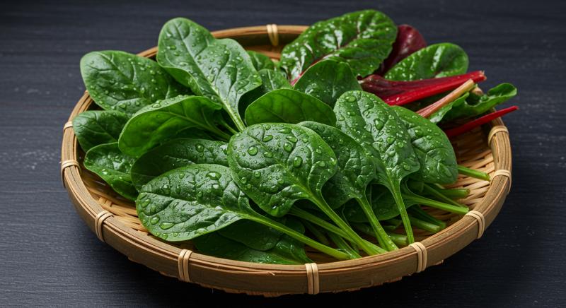 Taze Yesil Yaprakli Sebzeler Ispanak Pazı Bambu Sepet