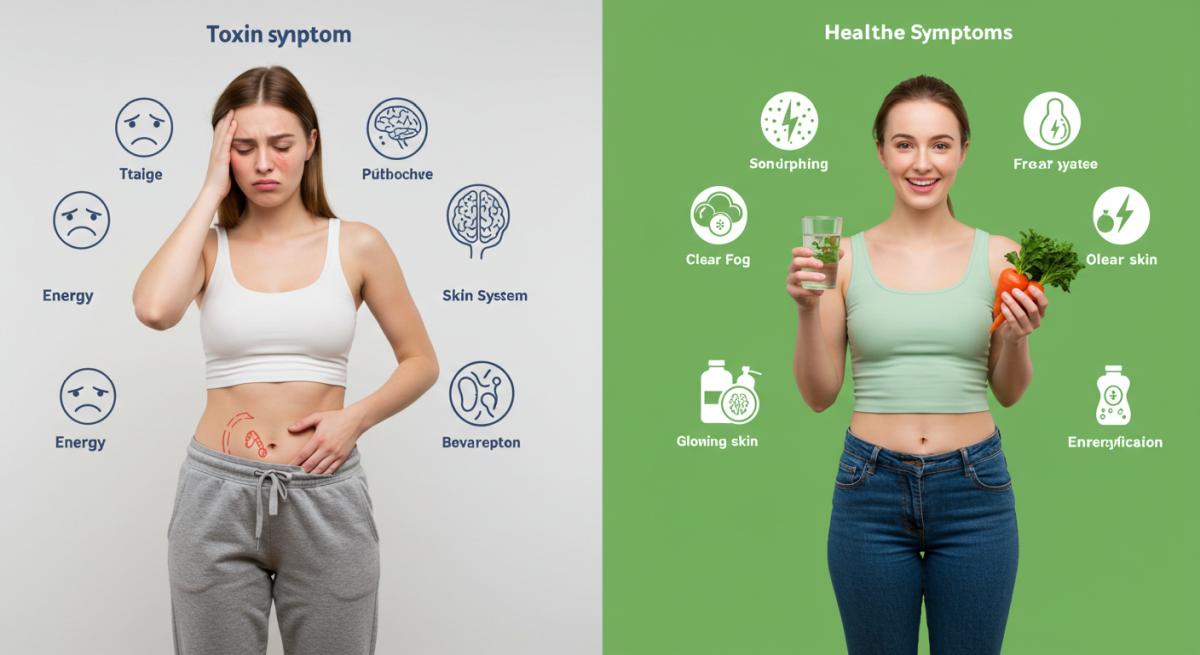 Vücutta toksin birikimi belirtileri ve sağlıklı detoksifikasyon süreci karşılaştırmalı görsel semptomlar ve çözümler