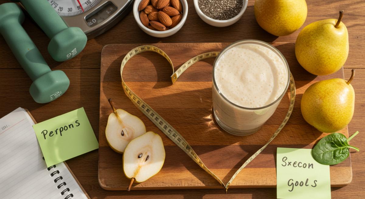 Kalp şeklinde ölçüm bandı içinde armut smoothie ve sağlıklı yaşam malzemeleri kuşbakışı görünüm - Yağ yakan armutlu detoks içeceği kilo verme motivasyonu yaşam tarzı görseli