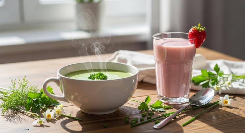 bahar detoksunda brokoli corba ve cilekli smoothie