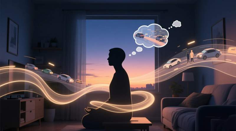 aksam farkindalik uygulamasiyla dusunce trafigini gozlemleyen insan silueti ve sakin gece gorseli