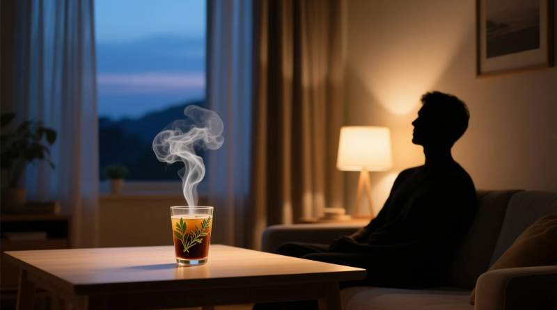 aksam saatlerinde kafeinsiz icecek tercihiyle sakin gun kapanisini anlatan huzurlu gorsel