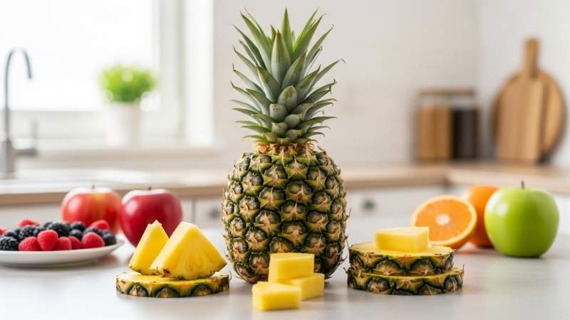 ananasin her gun tuketimi icin porsiyon ve meyve cesitliligi dengesini anlatan gorsel