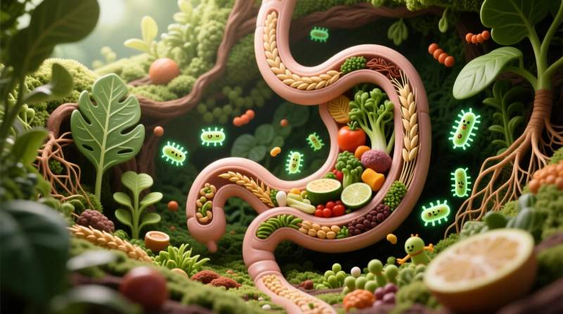 bagirsak mikrobiyomunu guclendiren bitkisel agirlikli lifli beslenme ve dengeli detoks gorseli