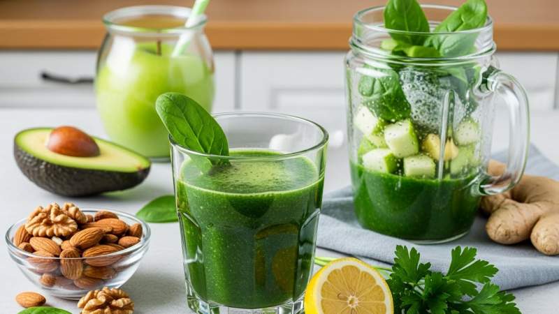 detoks icin sebze suyu smoothie ve saglikli yaglarla hazirlanan dengeli ogun gorseli